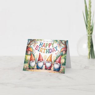 Tarjeta Festiva Celebración de cumpleaños con un grupo de gnomos d