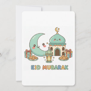 Tarjeta Festiva Celebración de Eid Mubarak - Luna Sonriente Kawaii