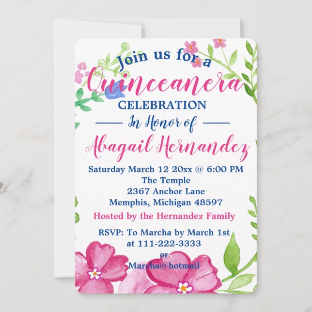 Tarjeta Festiva Celebración de Quinceanera floral (Anverso)