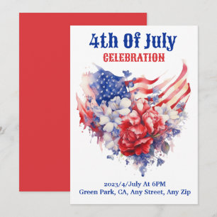 Tarjeta Festiva Celebración del 4 de julio acuarela Azul rojo