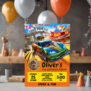 Tarjeta Festiva Celebración del cumpleaños de Race Car con foto