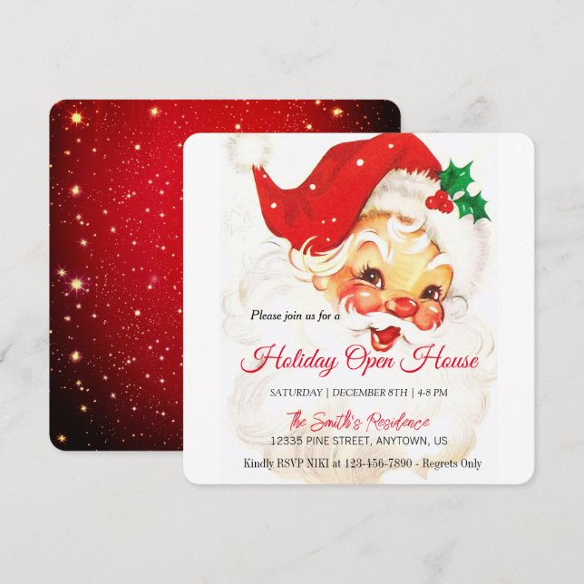 Tarjeta Festiva Celebración Retro del Papá Noel, Casa Abierta (Anverso / Reverso)