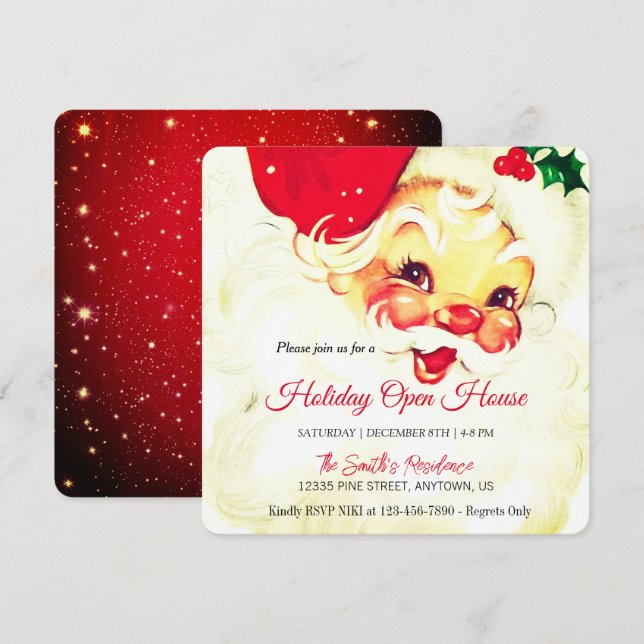 Tarjeta Festiva Celebración Retro Santa Claus, Casa Abierta (Anverso / Reverso)