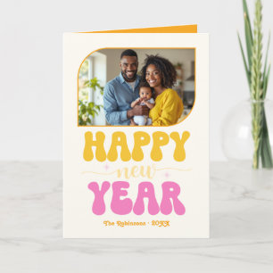 Tarjeta Festiva Celebración Viva Feliz Año Nuevo Foto Retro Groovy