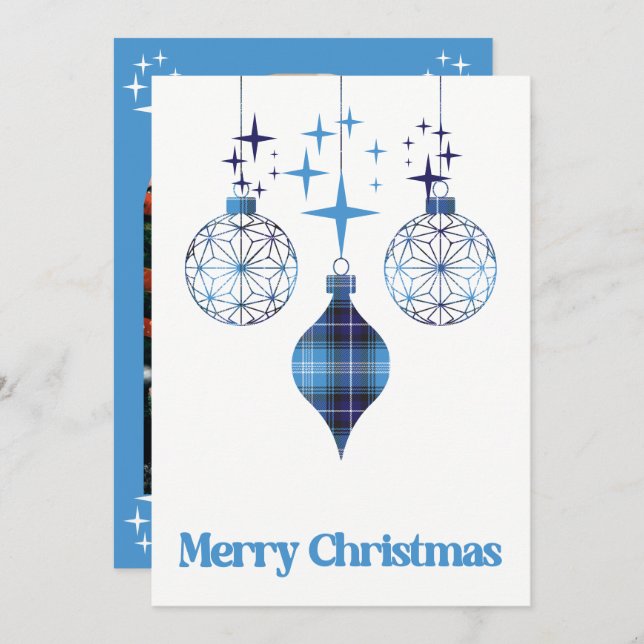 Tarjeta Festiva Celestial Blue Plaid Ornament Flat Holiday Card (Anverso / Reverso)