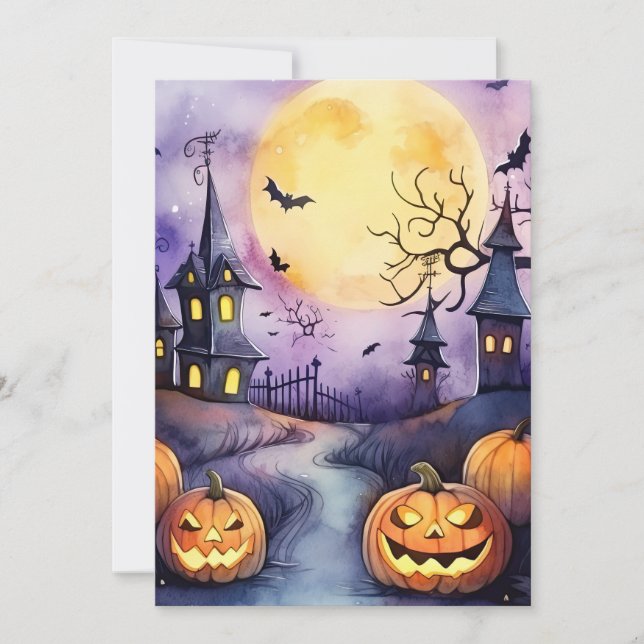Tarjeta Festiva Cementerio Halloween Noche Luna Jack O’Lanterns Ba (Anverso)