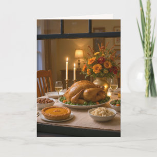 Tarjeta Festiva Cena de Acción de Gracias con pavo en la ventana