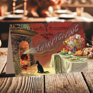 Tarjeta Festiva Cena de Acción de Gracias de Pavo con Gato Antiguo