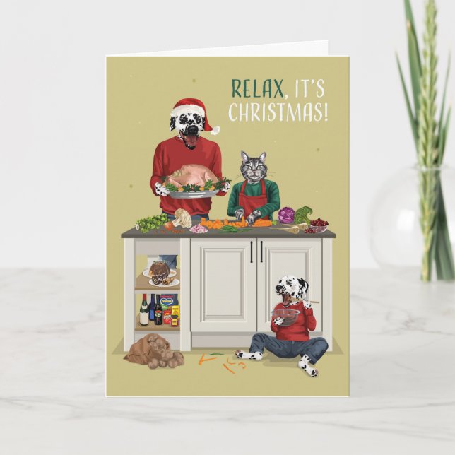 Tarjeta Festiva Cena de Navidades de cocina de perro y gitano (Anverso)