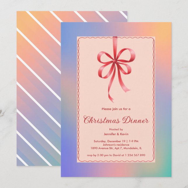 Tarjeta Festiva Cena Holográfica de Navidades Elegantes de Bow Roj (Anverso / Reverso)