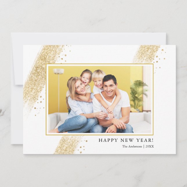 Tarjeta Festiva Cepillo Purpurina de oro sacude feliz foto de Año  (Anverso)