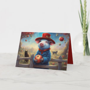 Tarjeta Festiva Cerdito con traje rojo y azul cumpleaños