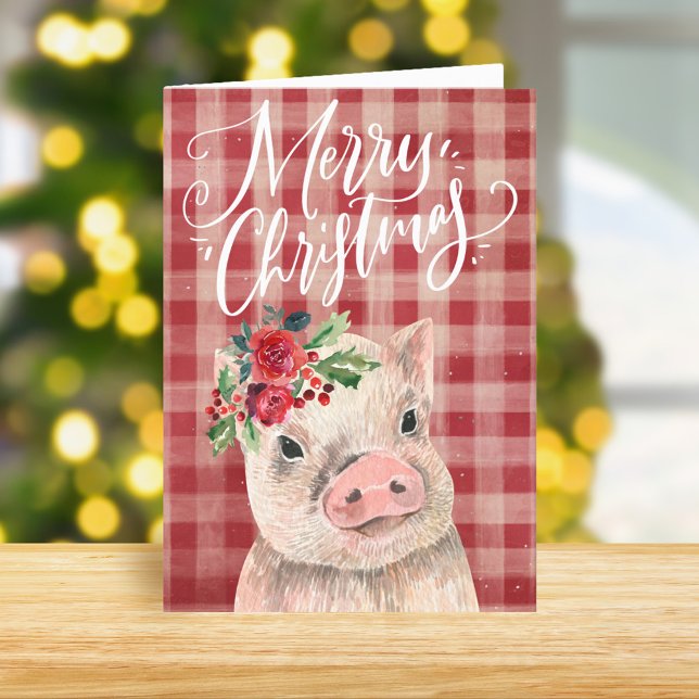Tarjeta Festiva Cerdo de Navidades de Red Plaid (Subido por el creador)
