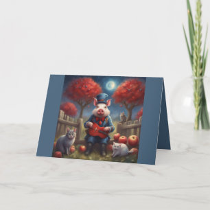 Tarjeta Festiva Cerdo elegante de rojo, blanco y azul Manzanas de 