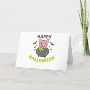 Tarjeta Festiva Cerdo Feliz Halloween Caldero Murciélago