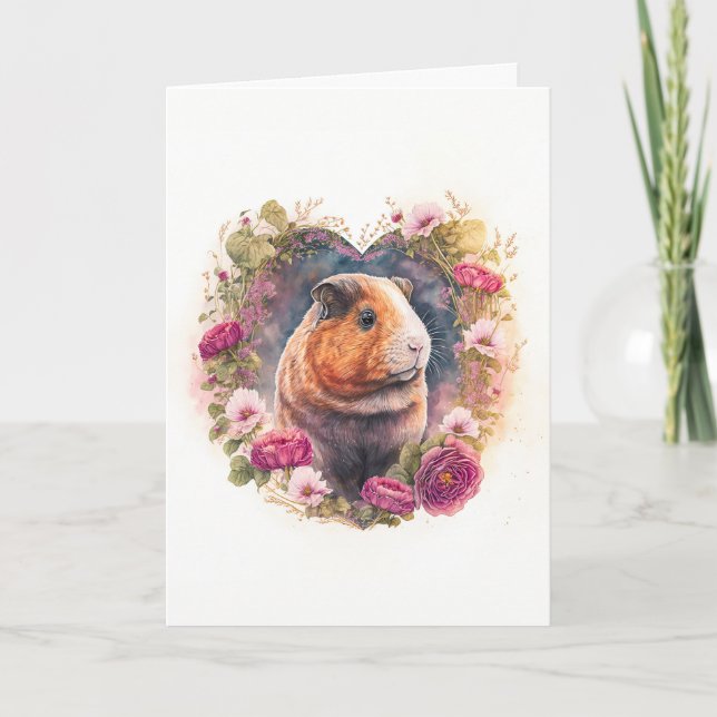 Tarjeta Festiva Cerdo guineano en El día de San Valentín de flores (Anverso)