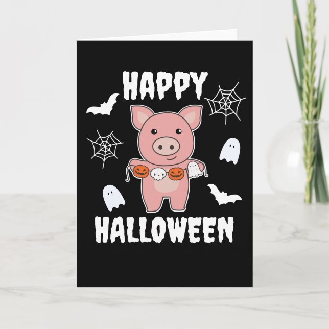 Tarjeta Festiva Cerdo Happy Halloween Calabaza con traje de murcié (Anverso)