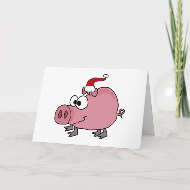 Tarjeta Festiva Cerdo rosa gracioso en Santa Hat (Anverso)