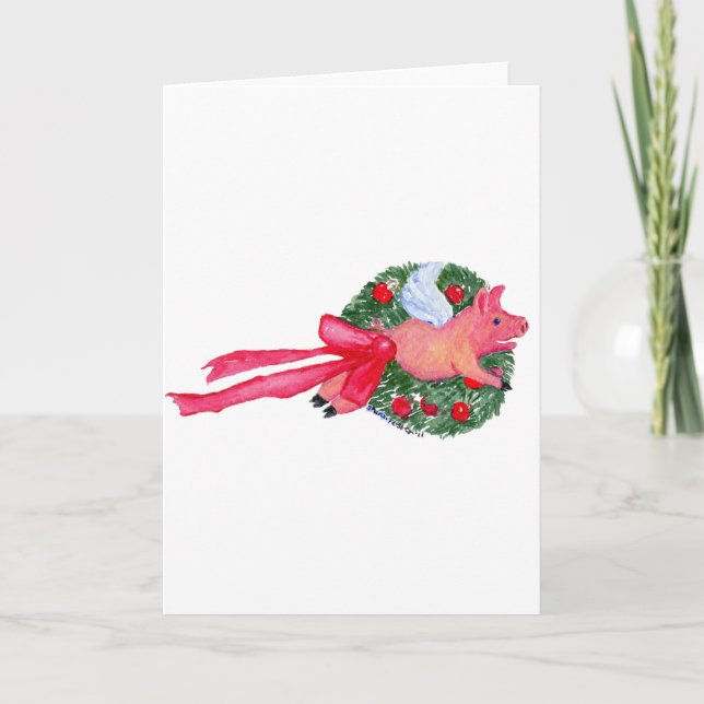 Tarjeta Festiva Cerdo volador arrastrando Navidades corona (Anverso)