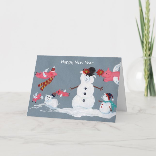 Tarjeta Festiva Cerdos del vuelo de la Feliz Año Nuevo (Anverso)
