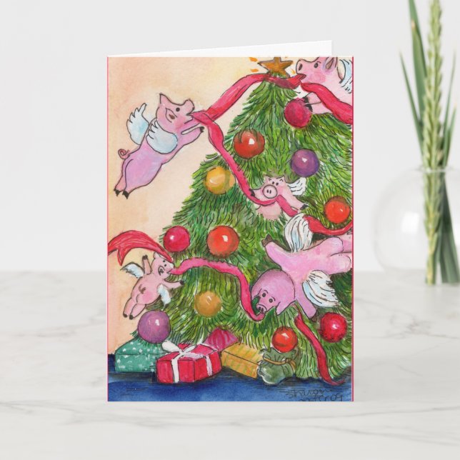 Tarjeta Festiva Cerdos felices DecorateTree del vuelo del día de (Anverso)
