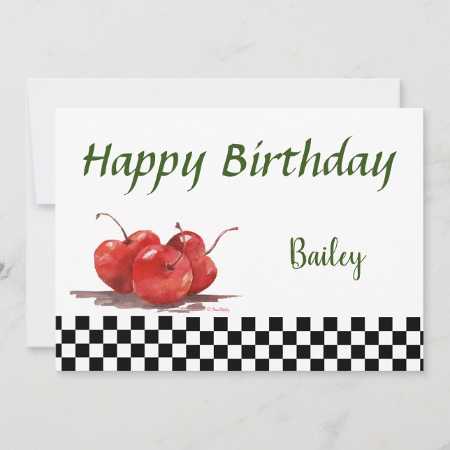 Tarjeta Festiva Cerezas rojas brillantes en un mantel cheado (Anverso)