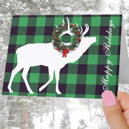 Tarjeta Festiva Cerro Silueta Reno Plaid Verde Fiesta Corona