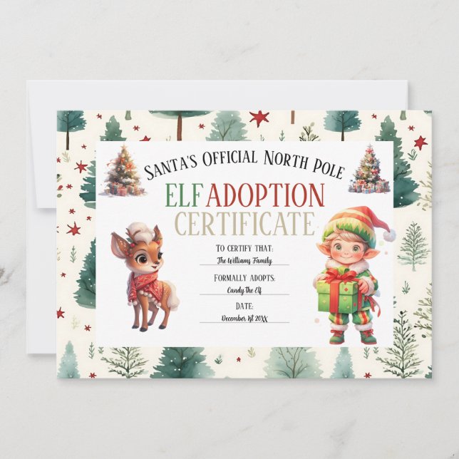 Tarjeta Festiva Certificado de adopción de vacaciones de Navidades (Anverso)
