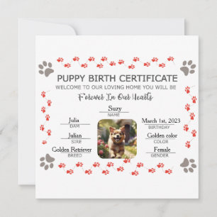 Tarjeta Festiva Certificado de nacimiento de cachorro personalizad