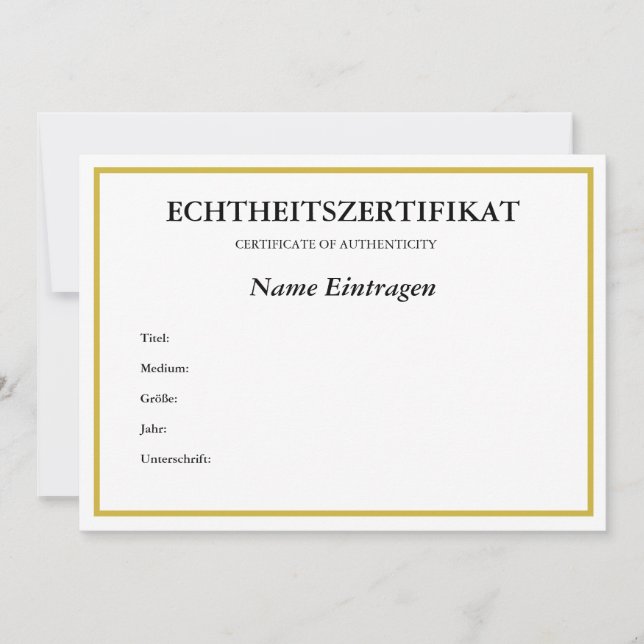 Tarjeta Festiva Certificado ECHTHEITSZERTIFIKAT alemánAutenticidad (Anverso)