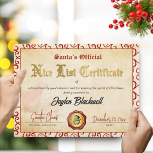 Tarjeta Festiva Certificado Oficial de Lista Bonita de Santa