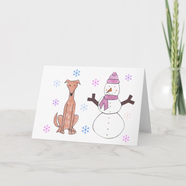 Tarjeta Festiva Cervatillo y muñeco de nieve del galgo (Anverso)