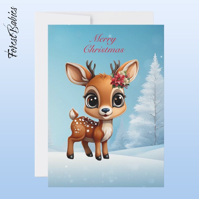 Tarjeta Festiva Cerveza, Amanecer, Perro, Renos Florales 🦌 Nieve  (Floral Baby Deer, Fawn, Doe  Lover🦌 Reindeer Antlers Merry Christmas🎄 Blue/Snow Xmas Holiday Card)