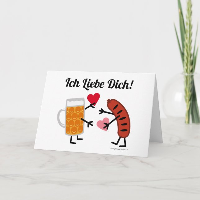Tarjeta Festiva ¡Cerveza y Bratwurst Ich Liebe Dich! (I Love You) (Anverso)
