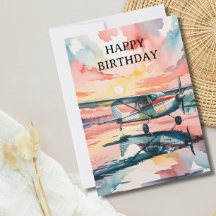 Tarjeta Festiva Cessna Avión en Lago Acuarela Diversión Cumpleaños