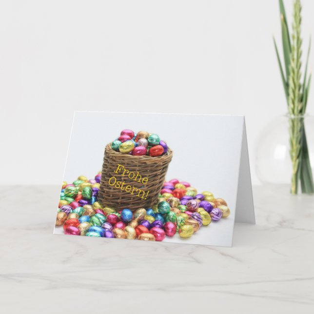 Tarjeta Festiva Cesta alemana de saludo de Pascua con huevos (Anverso)
