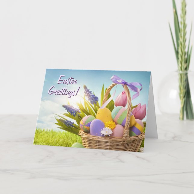 Tarjeta Festiva Cesta con huevos de Pascua en hierba verde (Anverso)