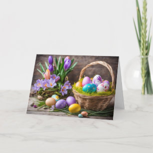 Tarjeta Festiva Cesta con huevos pintados de Pascua, flores de cro