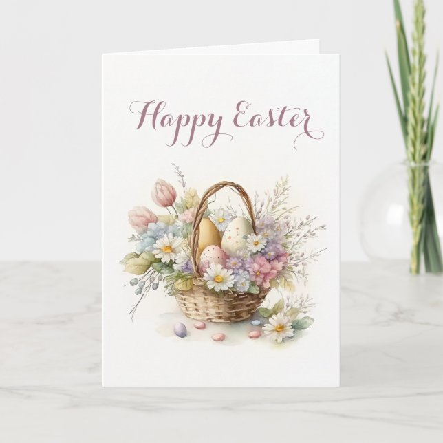 Tarjeta Festiva Cesta de bonitos de Huevos y Flores Pascua (Anverso)