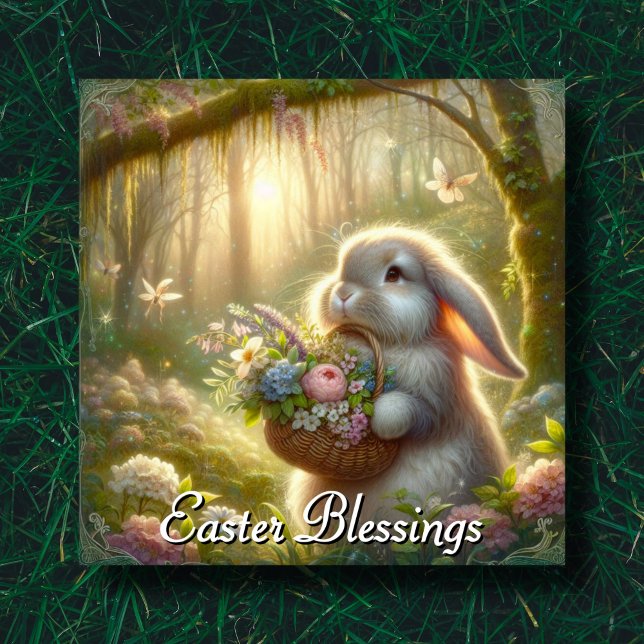 Tarjeta Festiva Cesta de flores de conejo de Pascua (Subido por el creador)