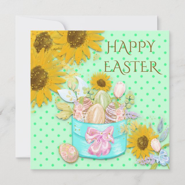 Tarjeta Festiva Cesta de girasoles de huevos felices puntos verdes (Anverso)