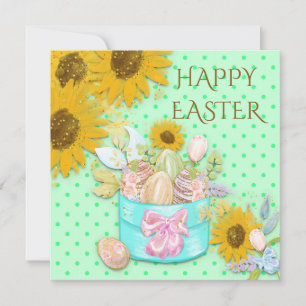 Tarjeta Festiva Cesta de girasoles de huevos felices puntos verdes