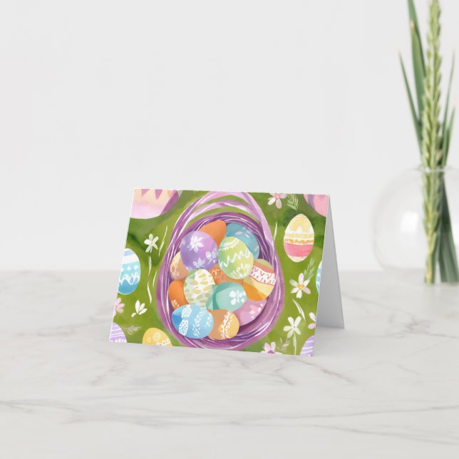 Tarjeta Festiva Cesta de Huevo de Pascua | Acuarela Pastel de prim (Anverso)