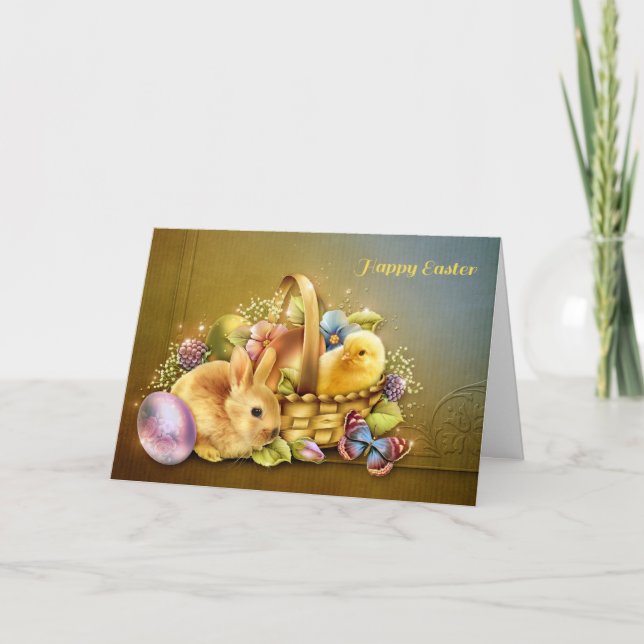 Tarjeta Festiva Cesta de Pascua con Bunny y Chick (Anverso)