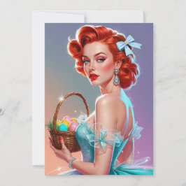Tarjeta Festiva Cesta de Pascua con huevo de pelirroja pin-up