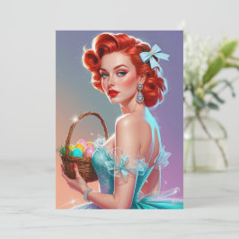 Tarjeta Festiva Cesta de Pascua con huevo de pelirroja pin-up