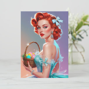Tarjeta Festiva Cesta de Pascua con huevo de pelirroja pin-up