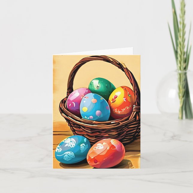 Tarjeta Festiva Cesta de Pascua con huevos de fondo amarillo (Anverso)