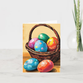 Tarjeta Festiva Cesta de Pascua con huevos de fondo amarillo