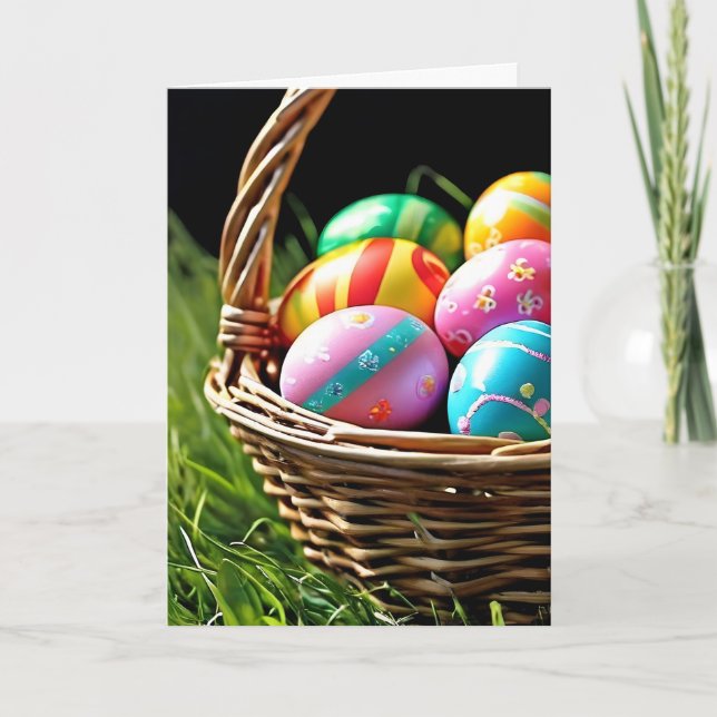 Tarjeta Festiva Cesta de Pascua con huevos en hierba (Anverso)